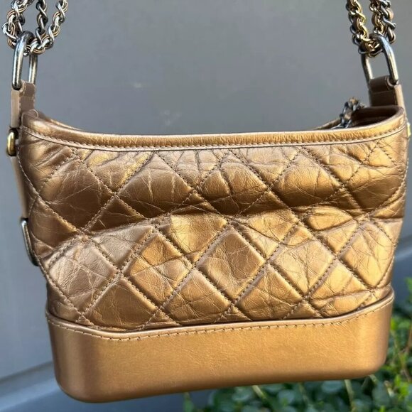 CHANEL Small Gabrielle Hobo Shoulder Bag Quilted Gold Calfskin Leather Authentic - Picture 7 of 9